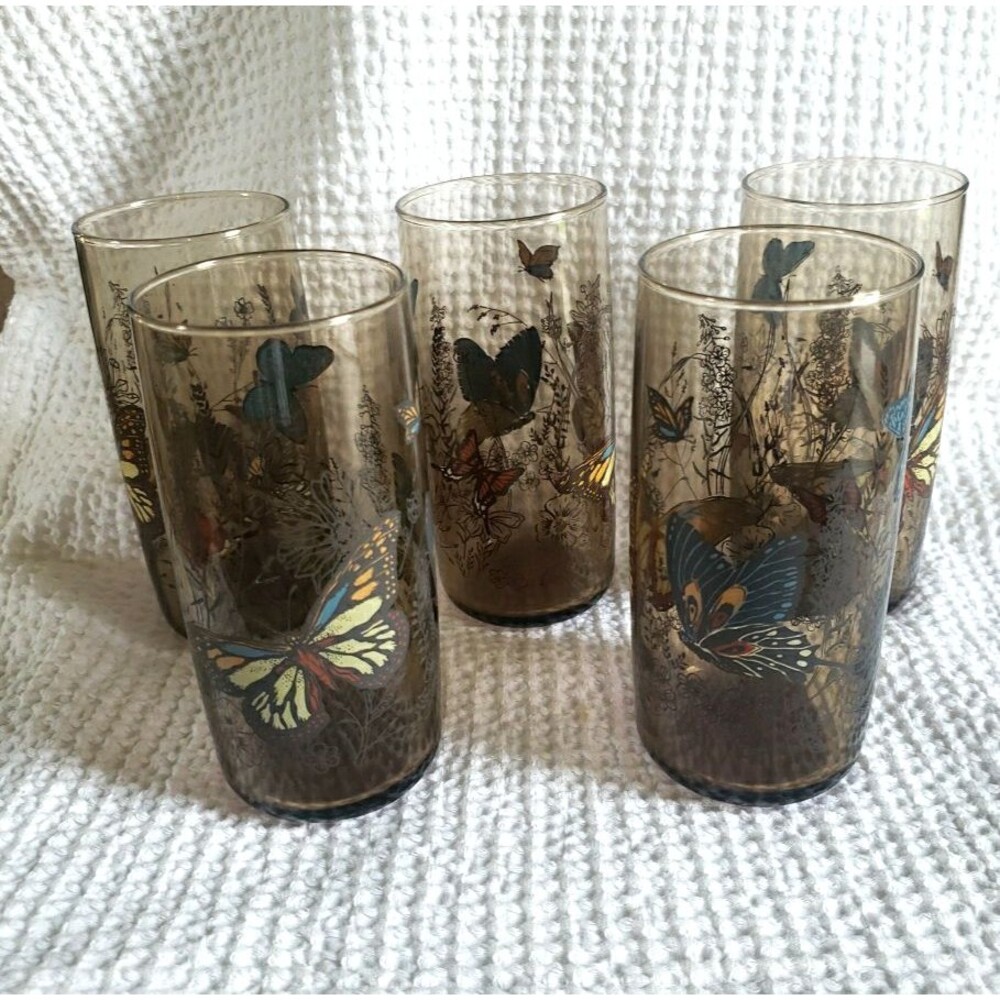 Vintage Libbey Tawny Amber Butterfly and Wheat Glasses Tumblers MCM 1970s Set 5